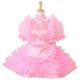 This is an adult-sized "sissy dress" made of satin and organza. It also has pink organza sleeves that are see-through and have cuffs that stretch.