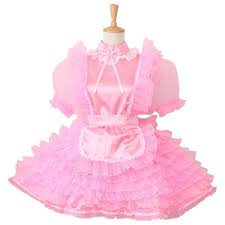 This is an adult-sized "sissy dress" made of satin and organza. It also has pink organza sleeves that are see-through and have cuffs that stretch.