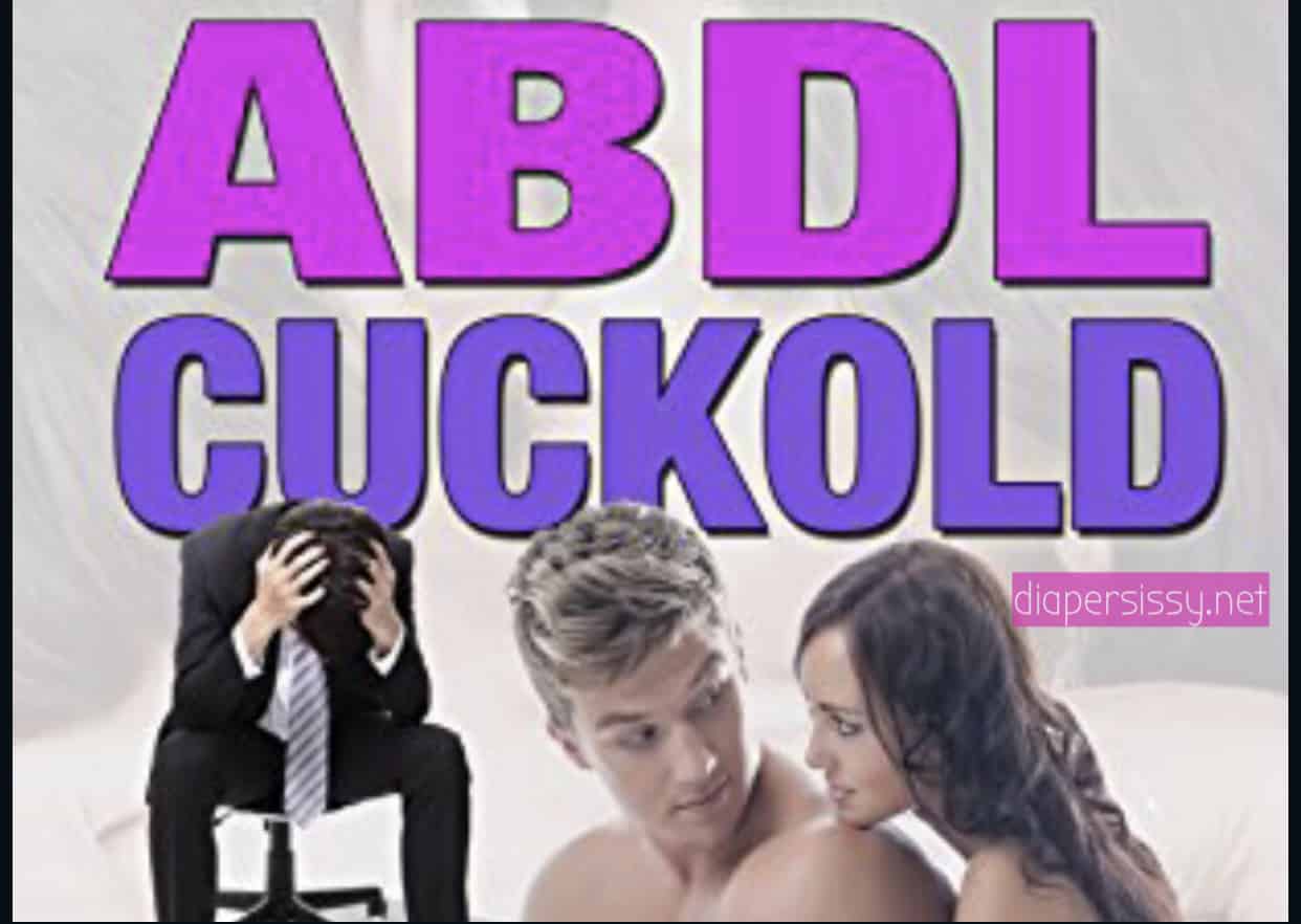 There is a Diapered Cuckold adult poster with a man seated with a black coat.